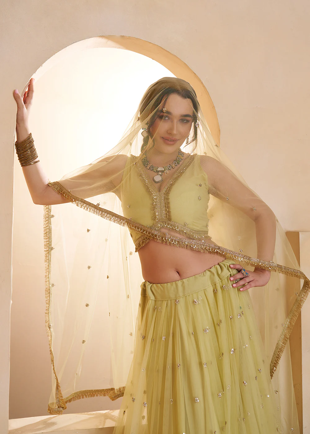 Lemon Yellow Beats Embroidery Designer Lehenga Choli - Image 2