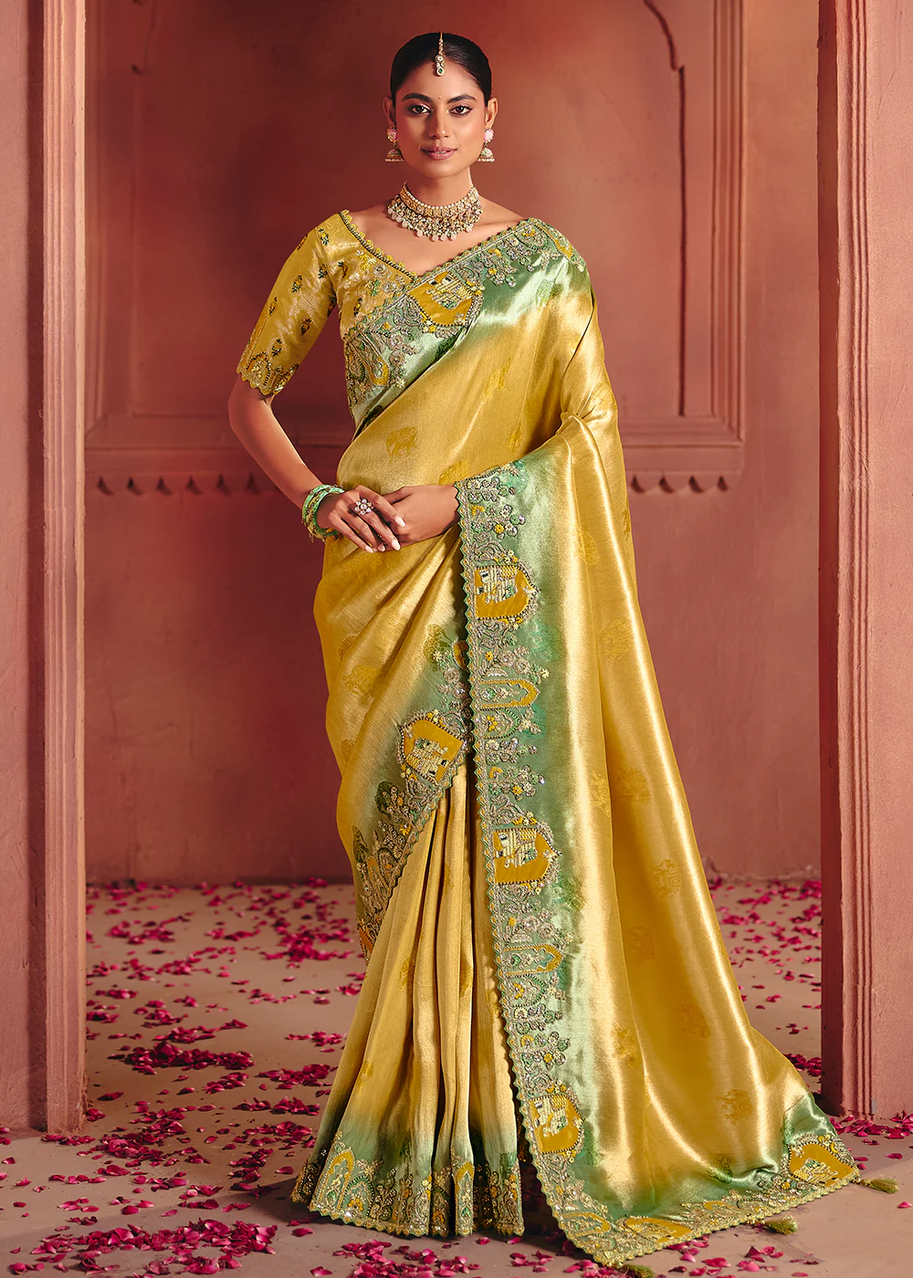 Lemon Yellow Designer Style Embroidered Wedding Saree