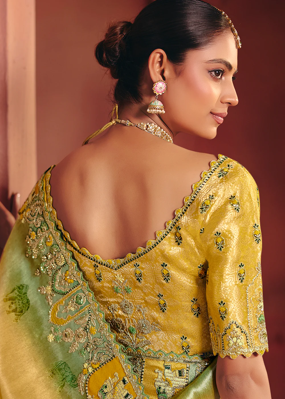 Lemon Yellow Designer Style Embroidered Wedding Saree - Image 2