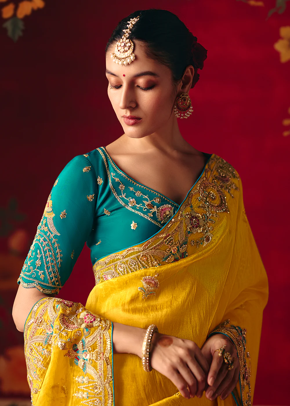 Lemon Yellow Fancy Material Wedding Designer Saree - Image 2
