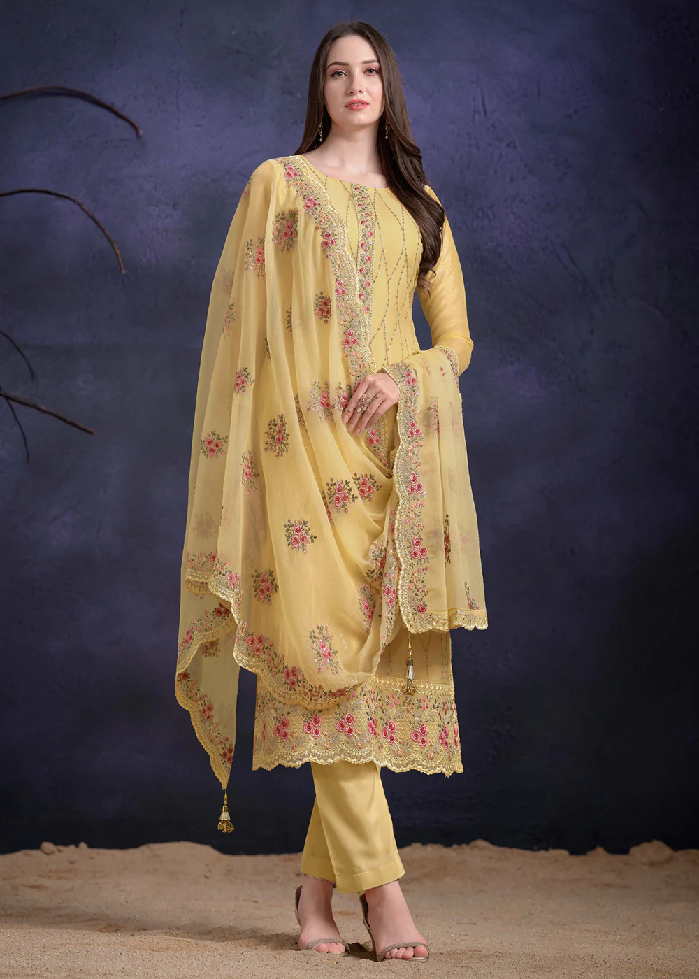 Lemon Yellow Organza Chiffon Embroidered Festive Salwar Suit