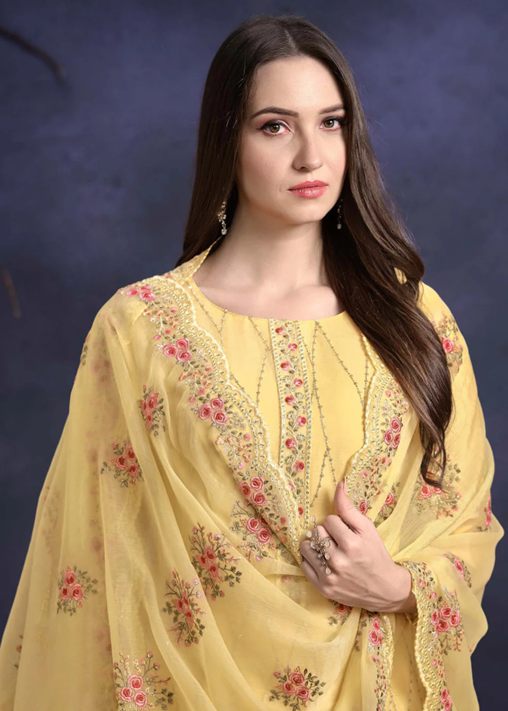 Lemon Yellow Organza Chiffon Embroidered Festive Salwar Suit - Image 2