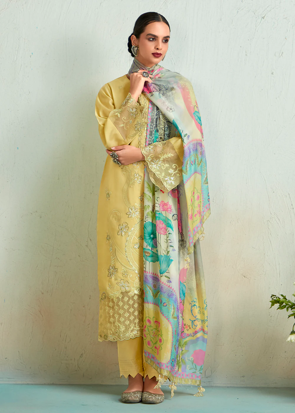 Lemon Yellow Pure Muslin Resham Embroidered Salwar Suit