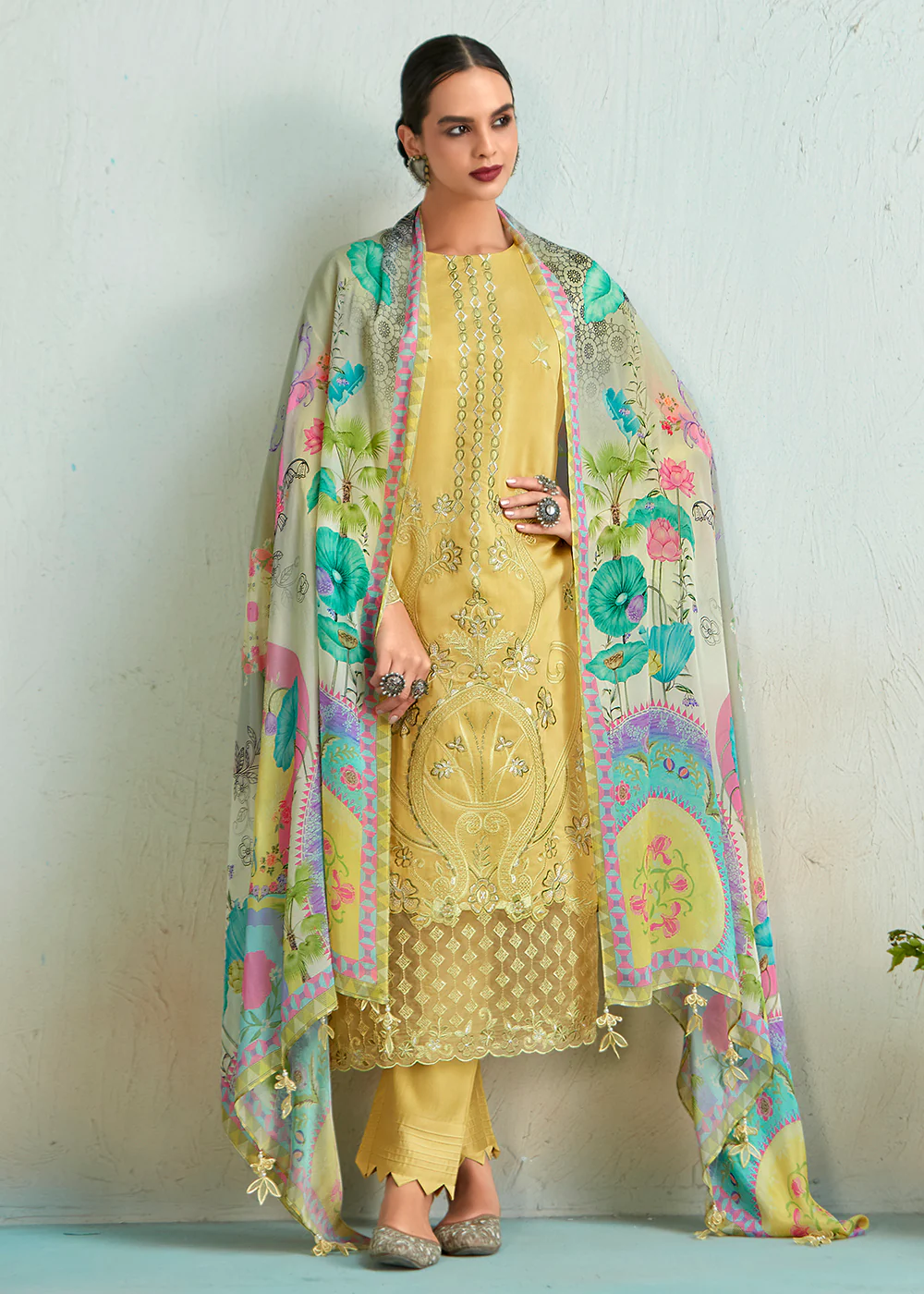 Lemon Yellow Pure Muslin Resham Embroidered Salwar Suit - Image 3