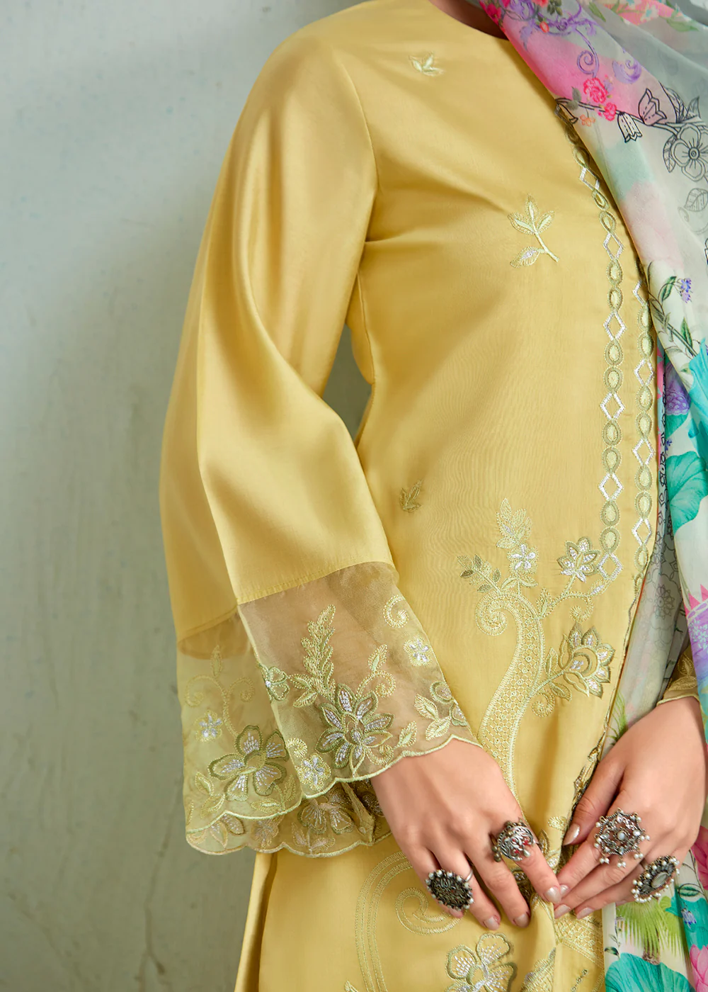 Lemon Yellow Pure Muslin Resham Embroidered Salwar Suit - Image 5