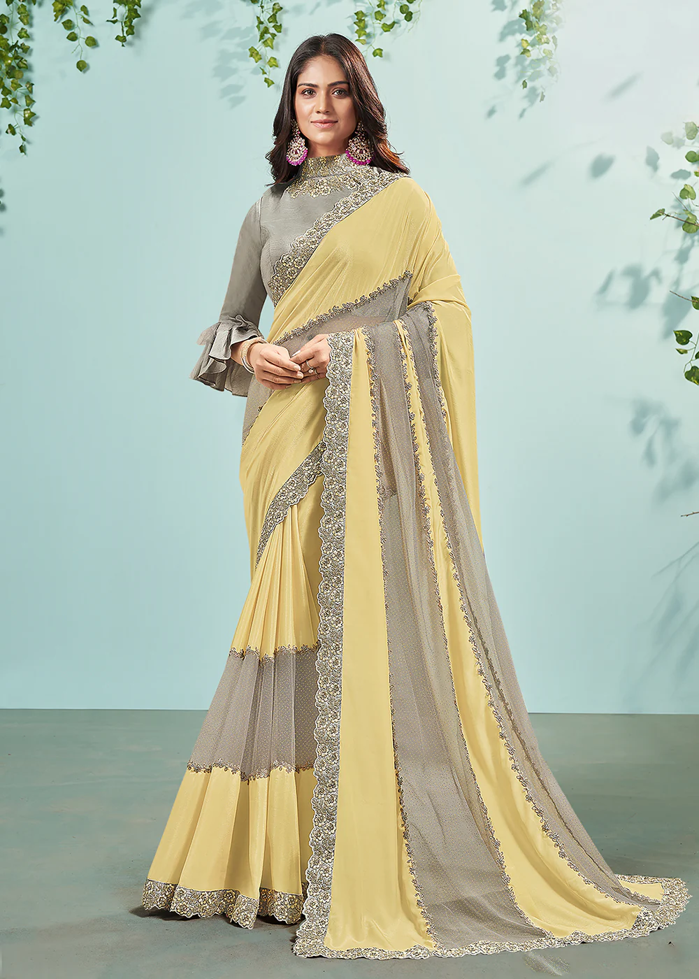 Lemon Yellow Silk Georgette Embroidered Designer Saree