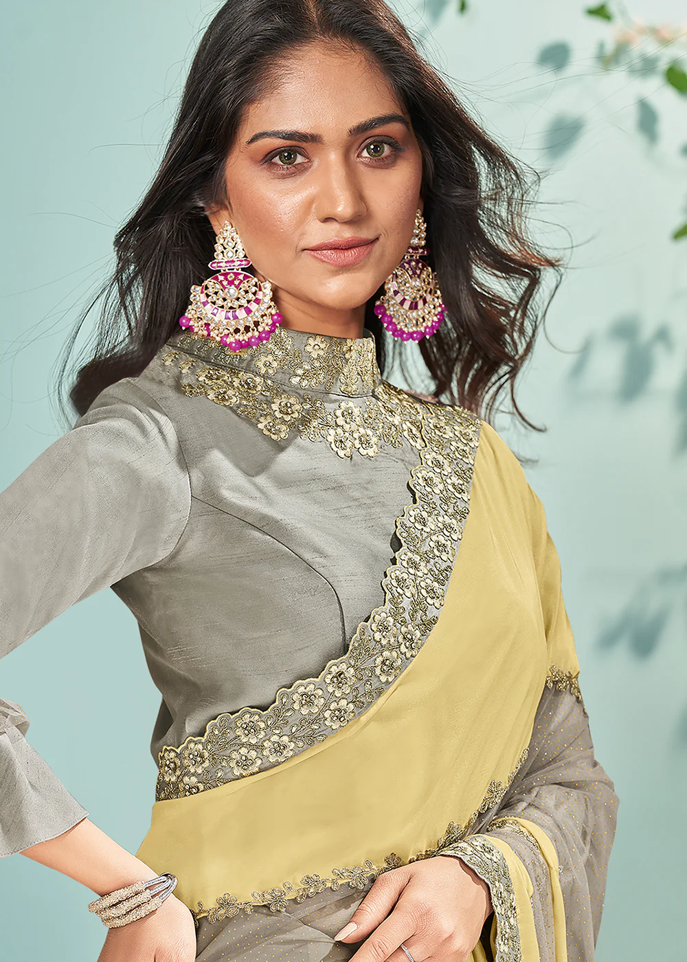 Lemon Yellow Silk Georgette Embroidered Designer Saree - Image 2