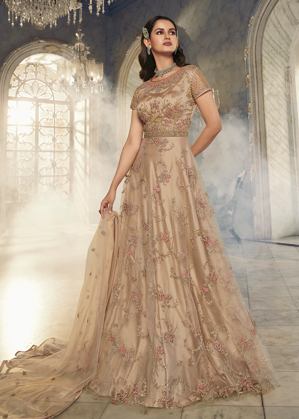 Light Beige Wedding Party Net Designer Anarkali Suit