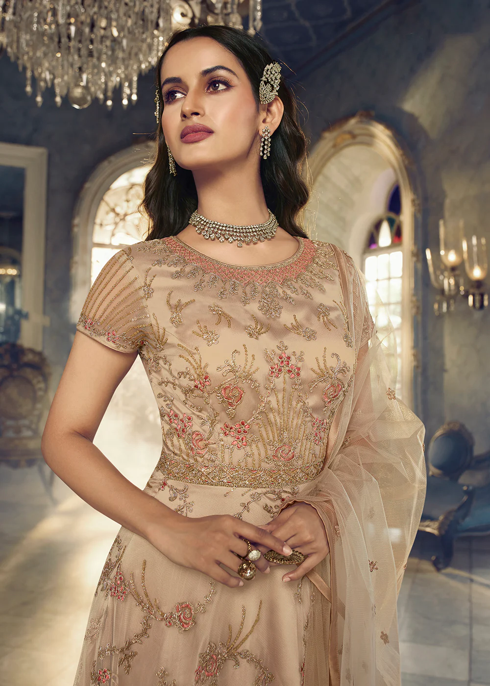 Light Beige Wedding Party Net Designer Anarkali Suit - Image 2