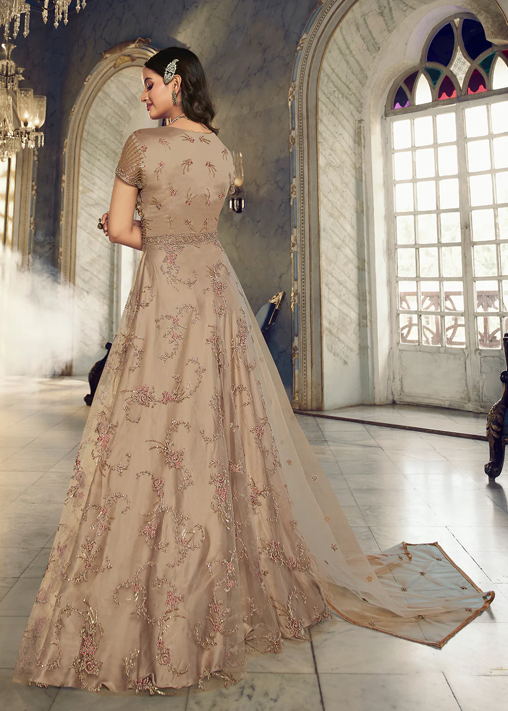Light Beige Wedding Party Net Designer Anarkali Suit - Image 3