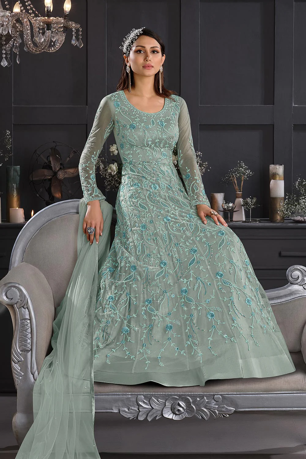 Light Blue Butterfly Net Wedding Anarkali Suit - Image 4