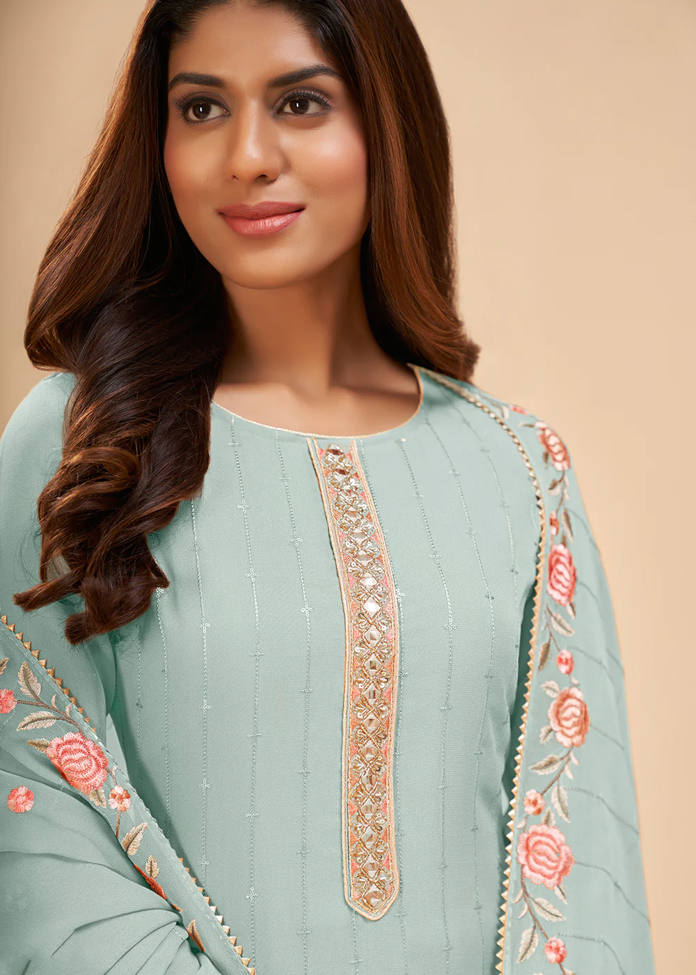 Light Blue Floral Embroidered Festive Pant Style Suit - Image 2
