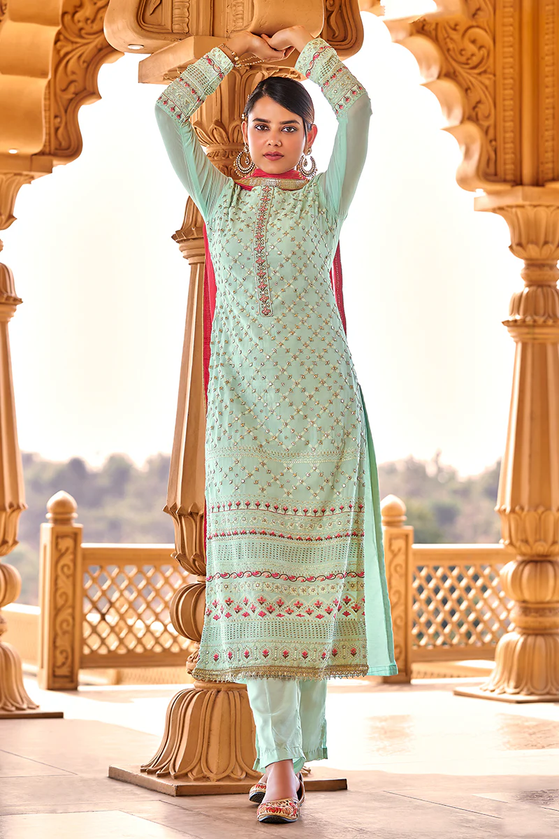 Light Blue Georgette Viscose Embroidered Salwar Suit - Image 3