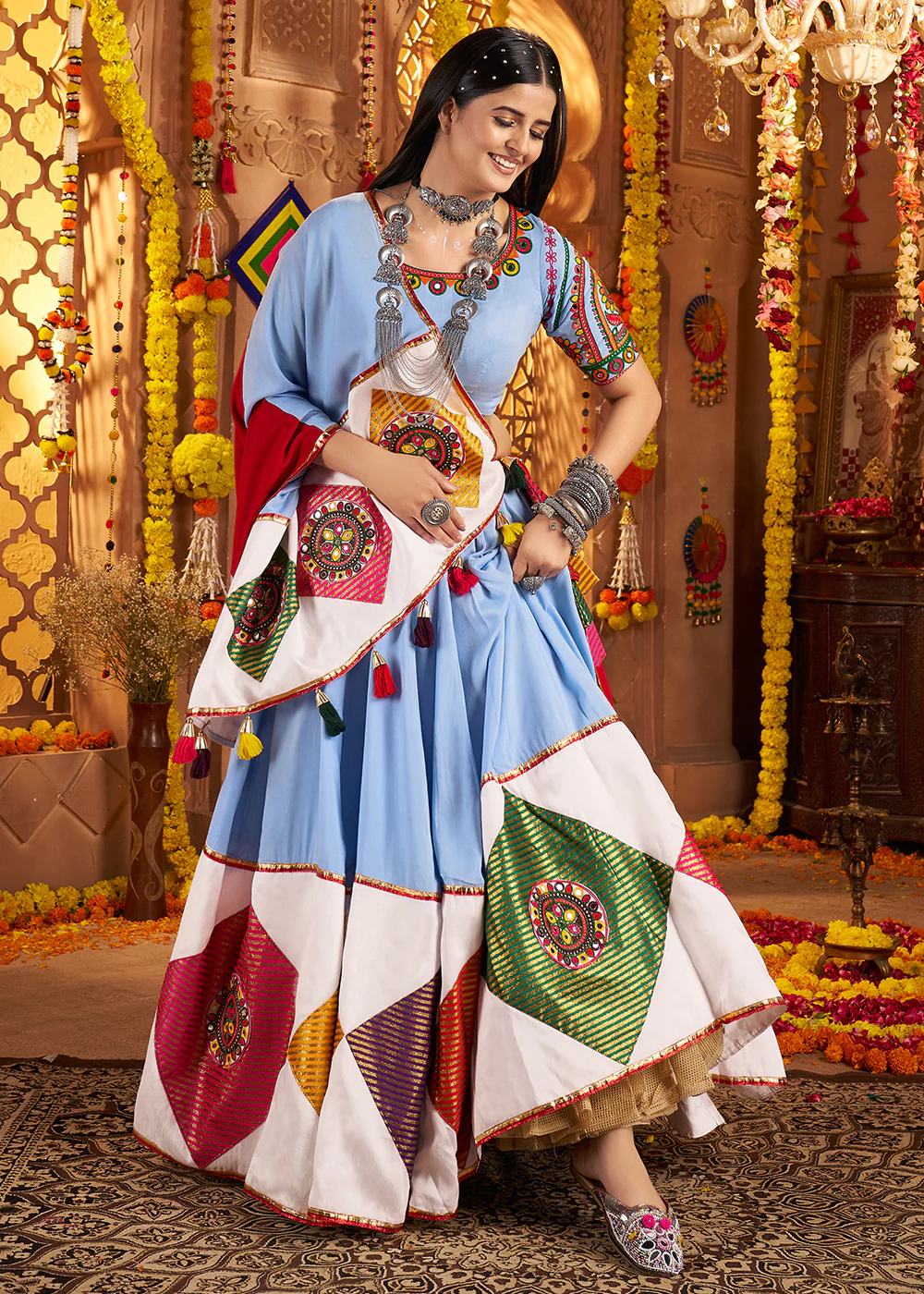 Light Blue Jacquard Patch Work Navratri Chaniya Choli