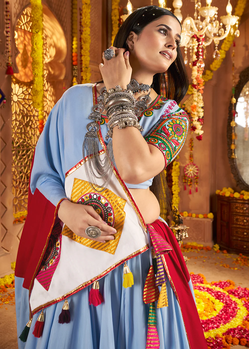 Light Blue Jacquard Patch Work Navratri Chaniya Choli - Image 2