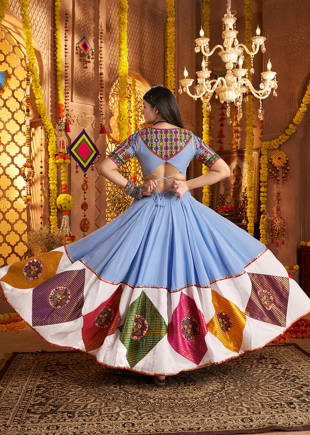 Light Blue Jacquard Patch Work Navratri Chaniya Choli - Image 3
