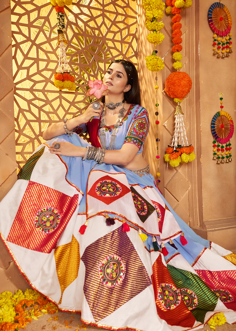 Light Blue Jacquard Patch Work Navratri Chaniya Choli - Image 4