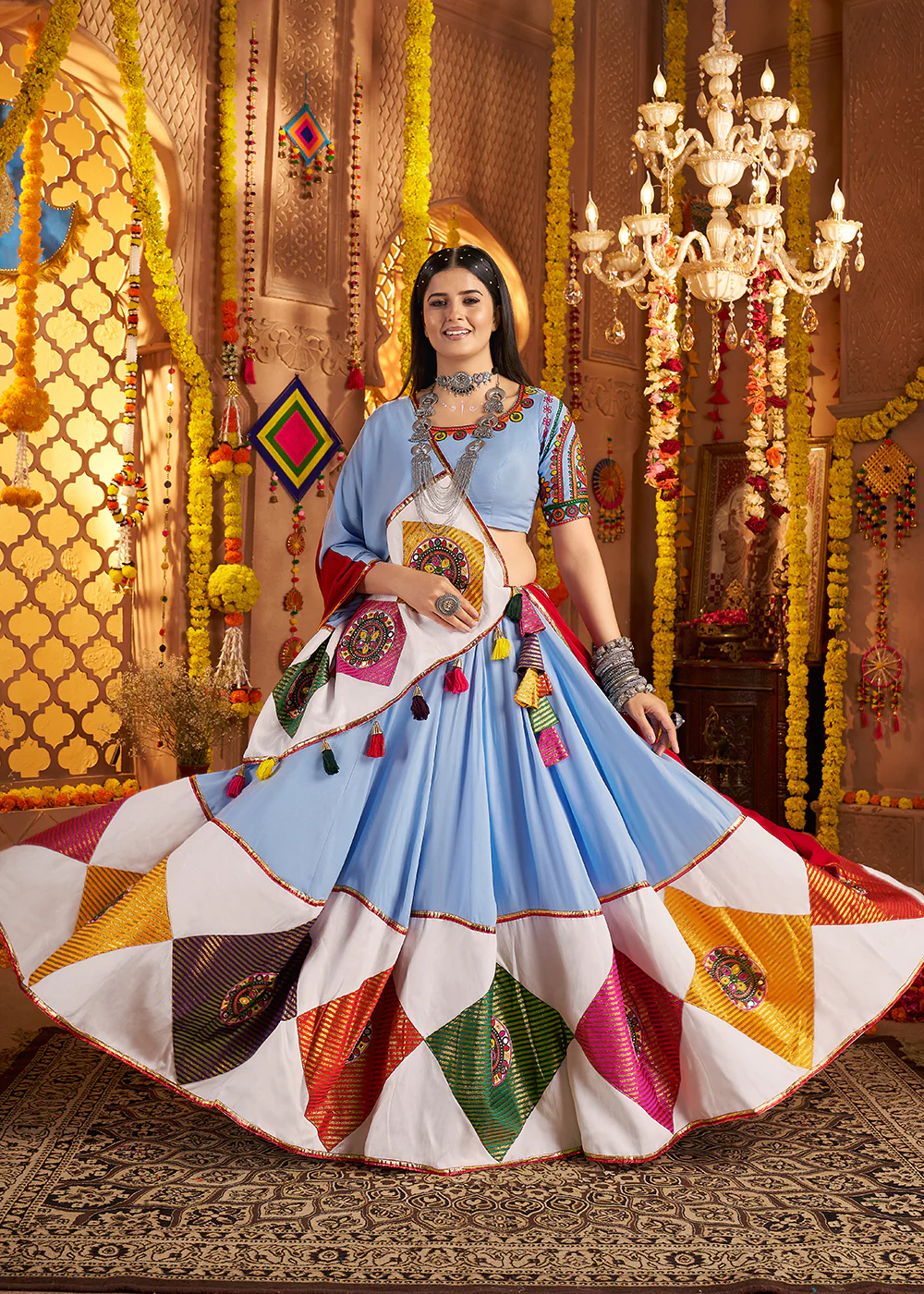 Light Blue Jacquard Patch Work Navratri Chaniya Choli - Image 5