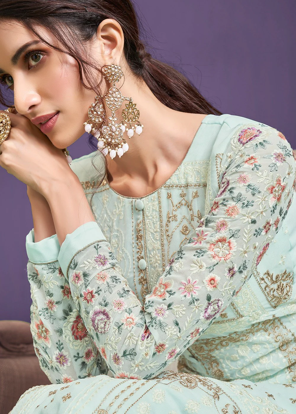 Light Blue Pakistani Style Georgette Embroidered Salwar Suit - Image 2