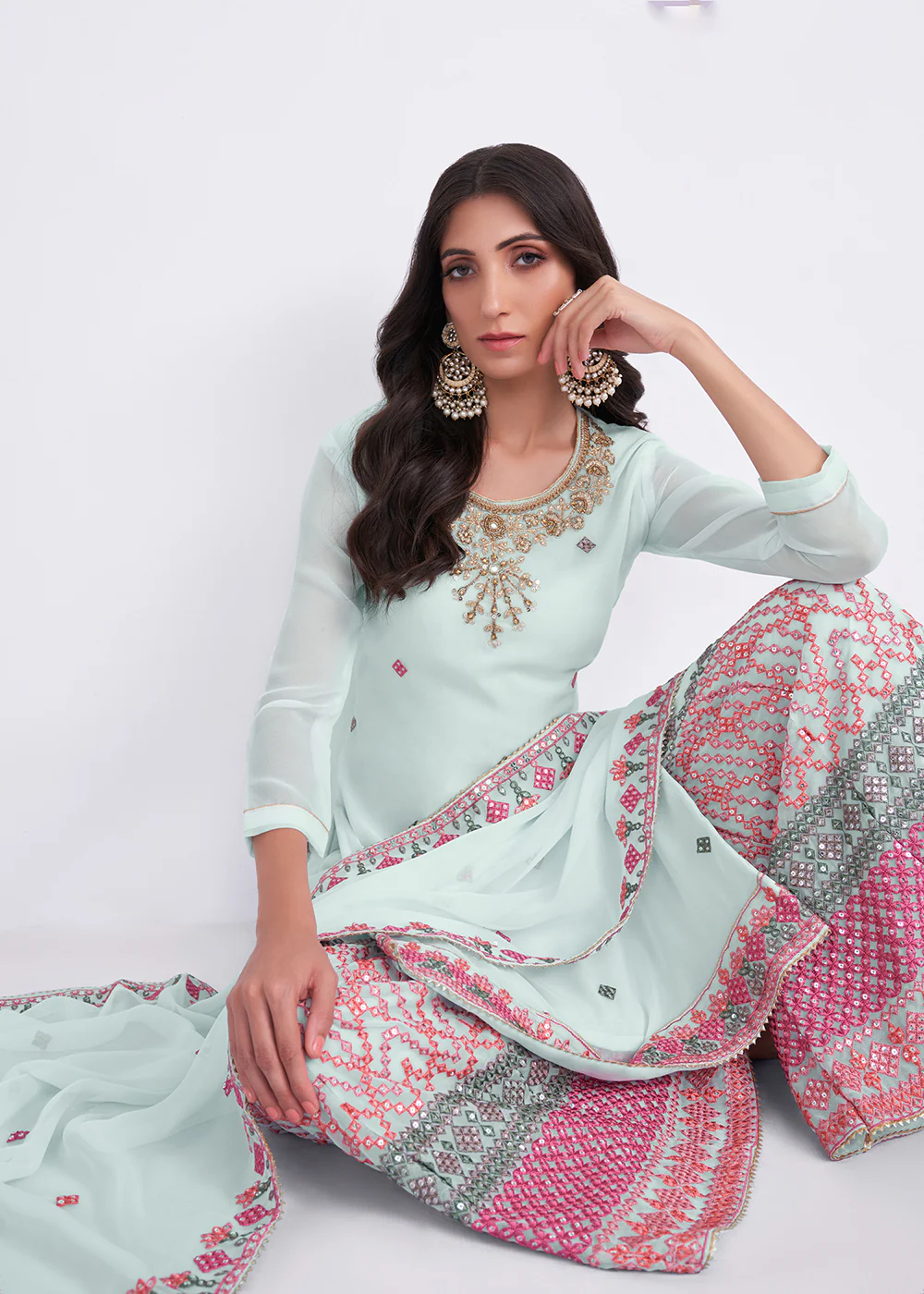 Light Blue Sequins & Multi Thread Work Designer Sharara Suit - Image 2