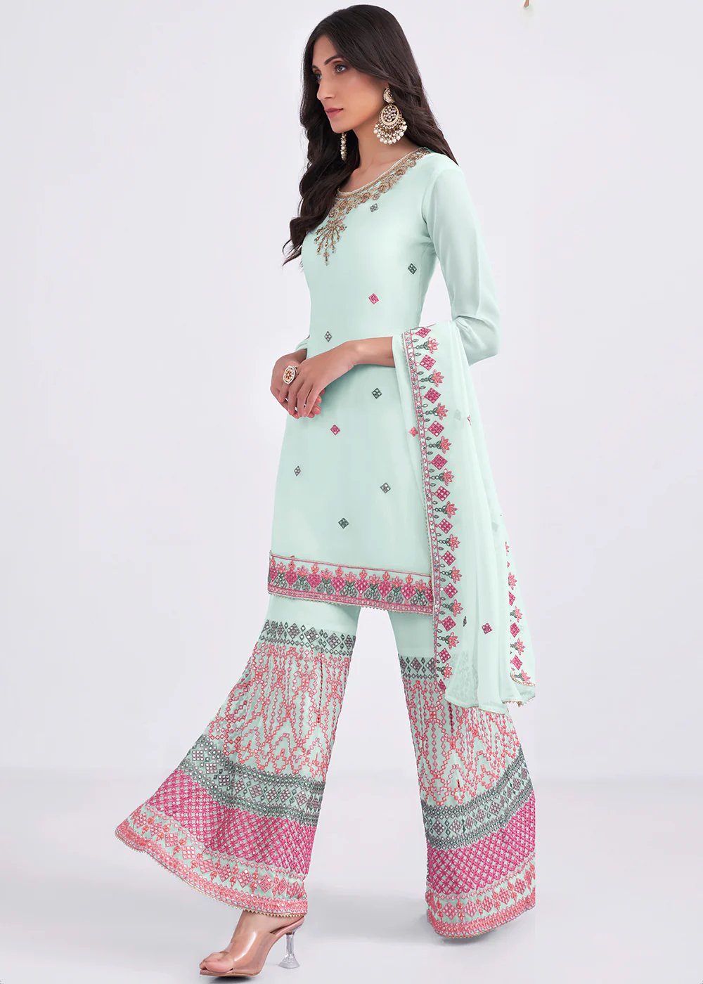 Light Blue Sequins & Multi Thread Work Designer Sharara Suit - Image 3