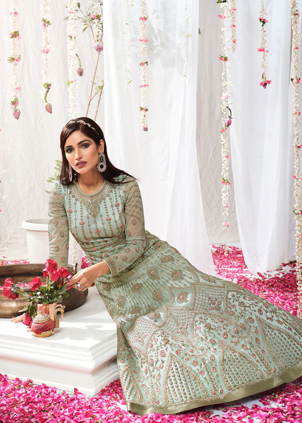 Light Blue Wedding Festive Floor Length Anarkali Suit - Image 3