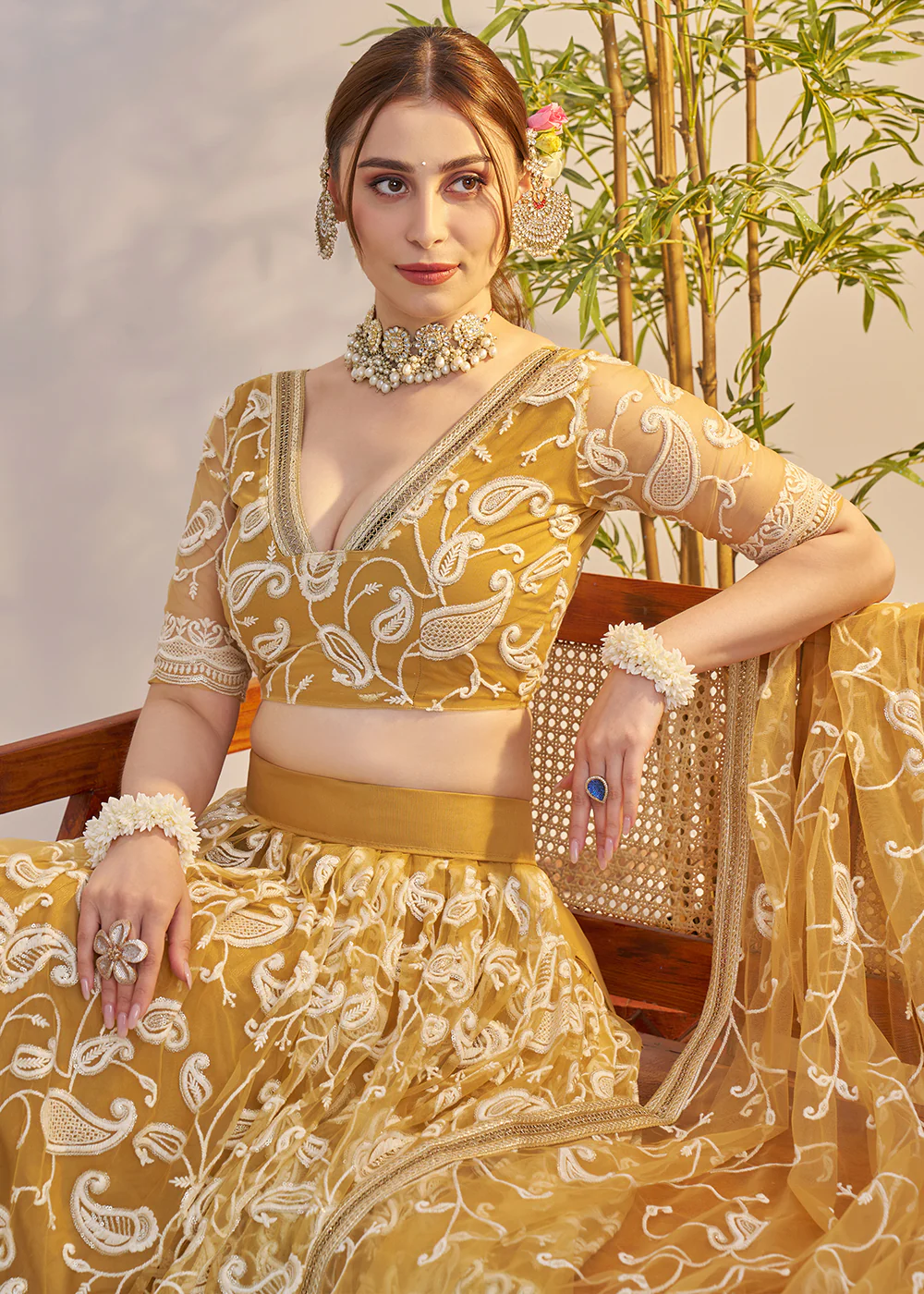 Light Gold Net Wedding Party Wear Lehenga Choli - Image 2
