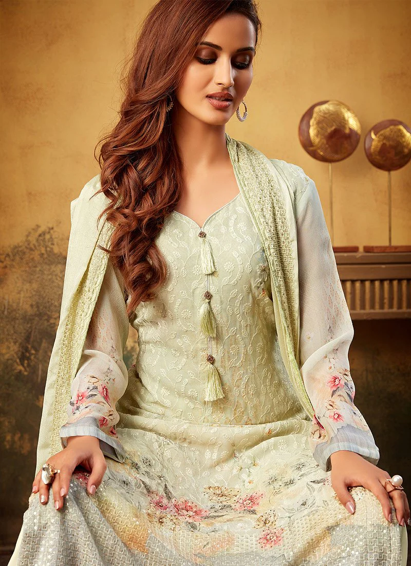 Light Green Embroidered Bamber Georgette Palazzo Suit - Image 2