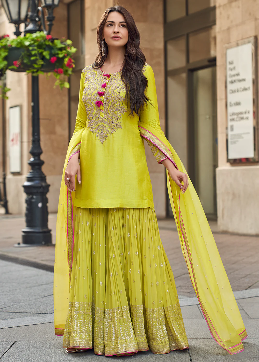 Light Green Embroidered Festive Gharara Style Suit - Image 3