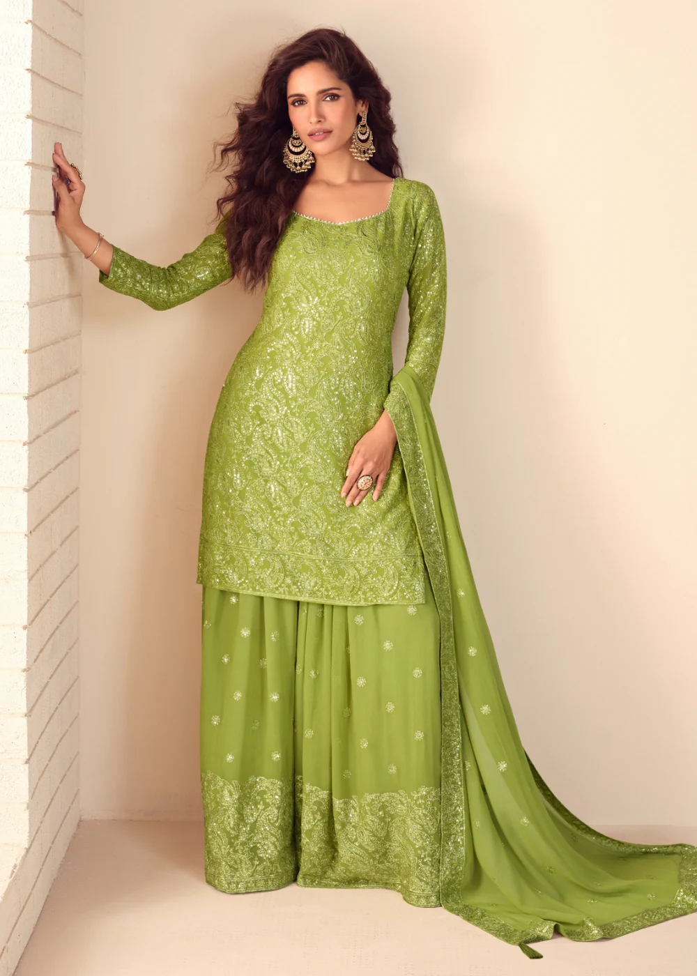 Light Green Georgette Gharara Style Festive Dress