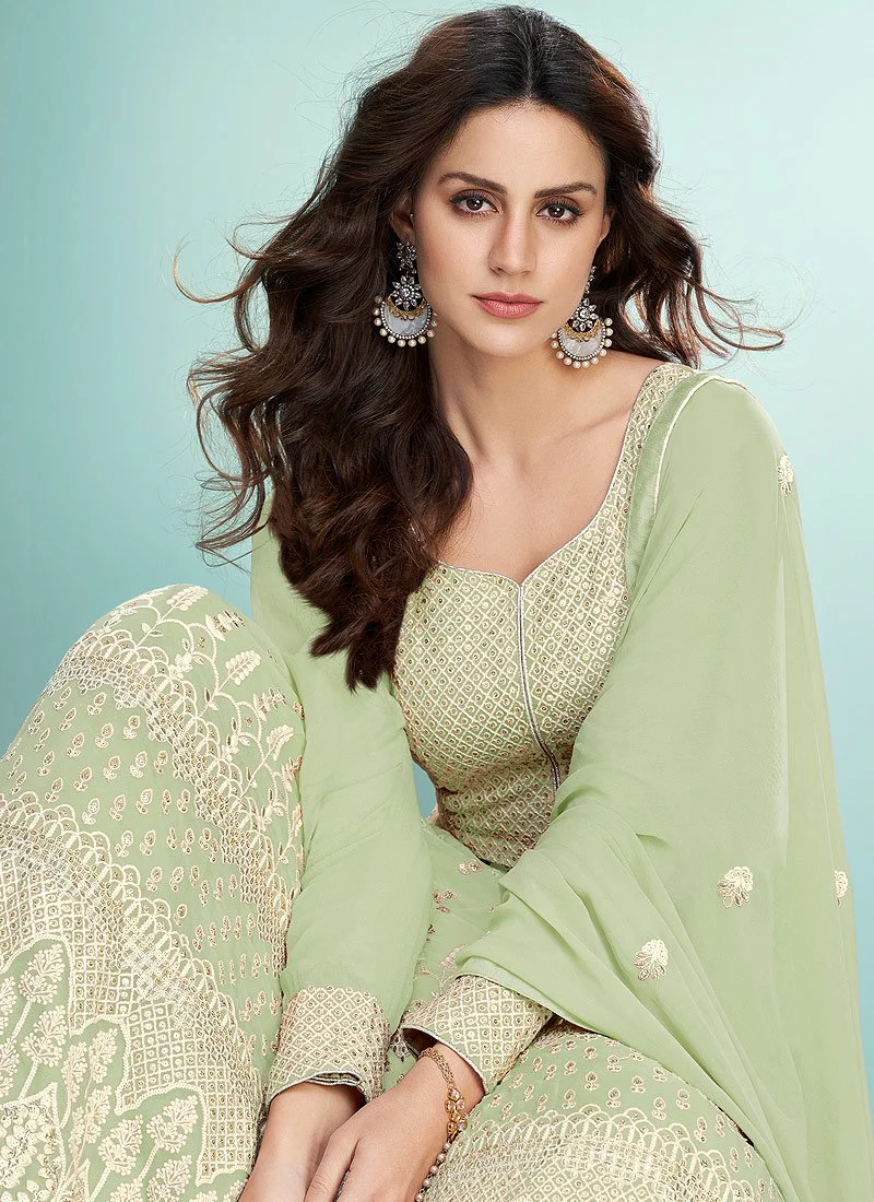 Light Green Georgette Chikankari Embroidered Anarkali - Image 2