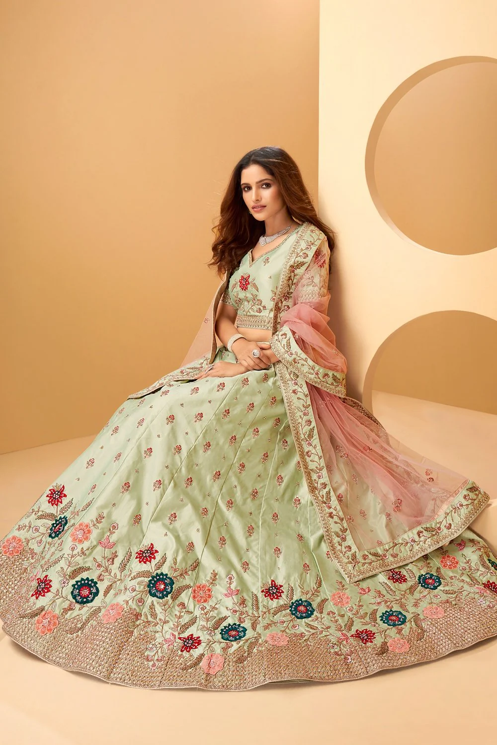 Light Green Heavy Border Silk Bridal Lehenga - Image 4
