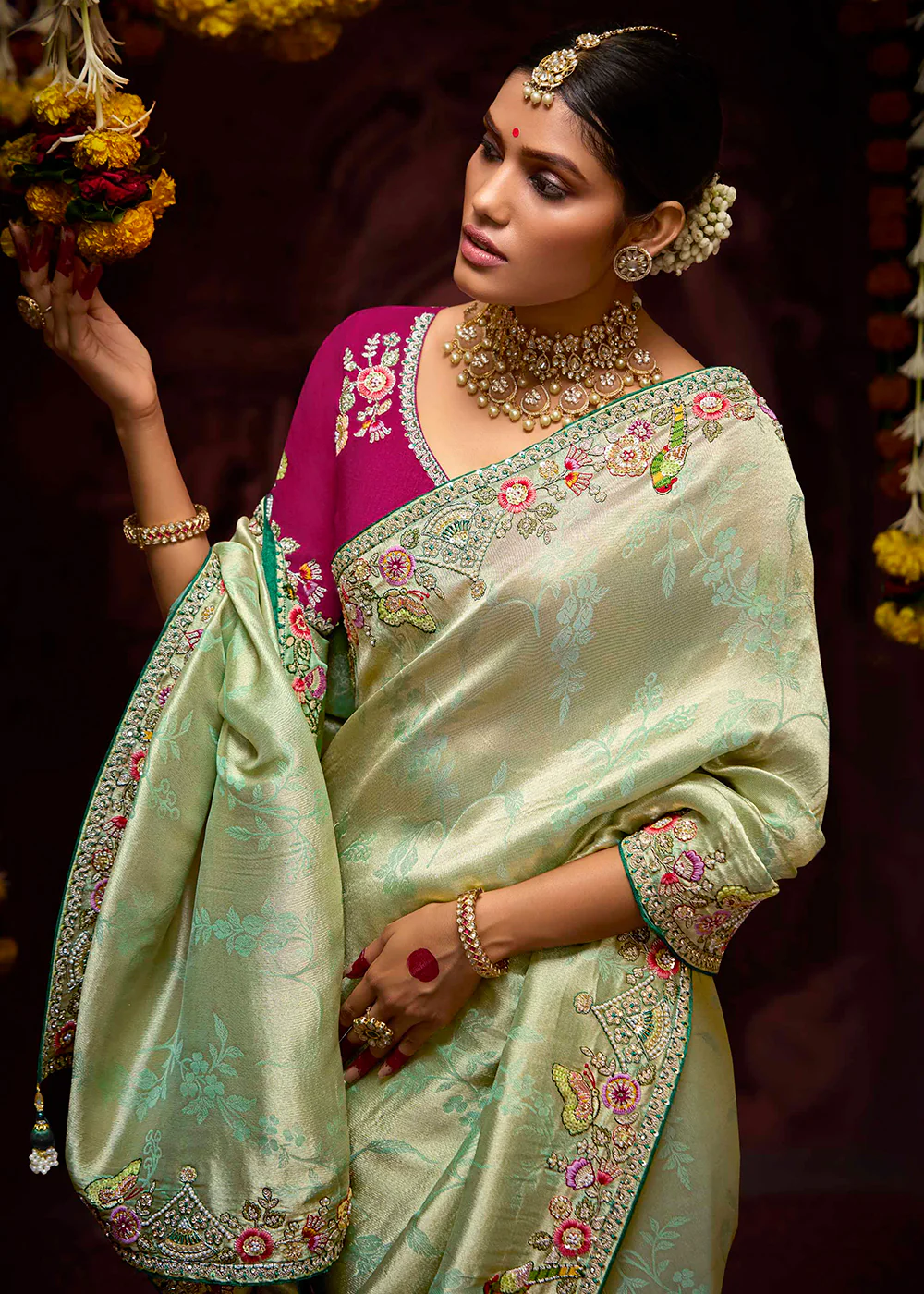 Light Green Kanjivaram Silk Embroidered Designer Saree - Image 2