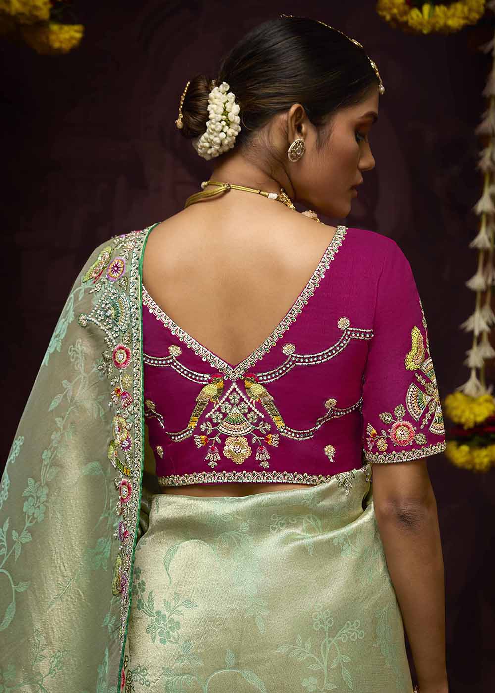 Light Green Kanjivaram Silk Embroidered Designer Saree - Image 3