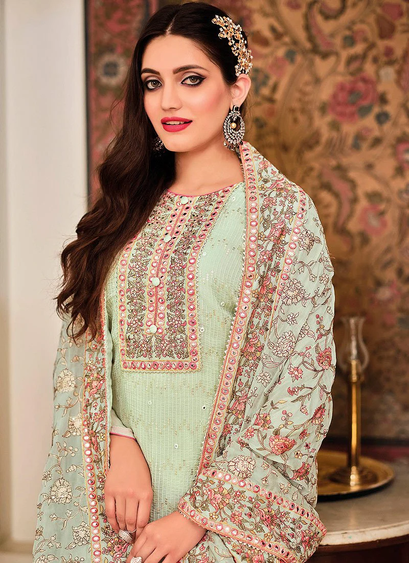 Light Green Punjabi Style Straight Cut Palazzo Suit - Image 2