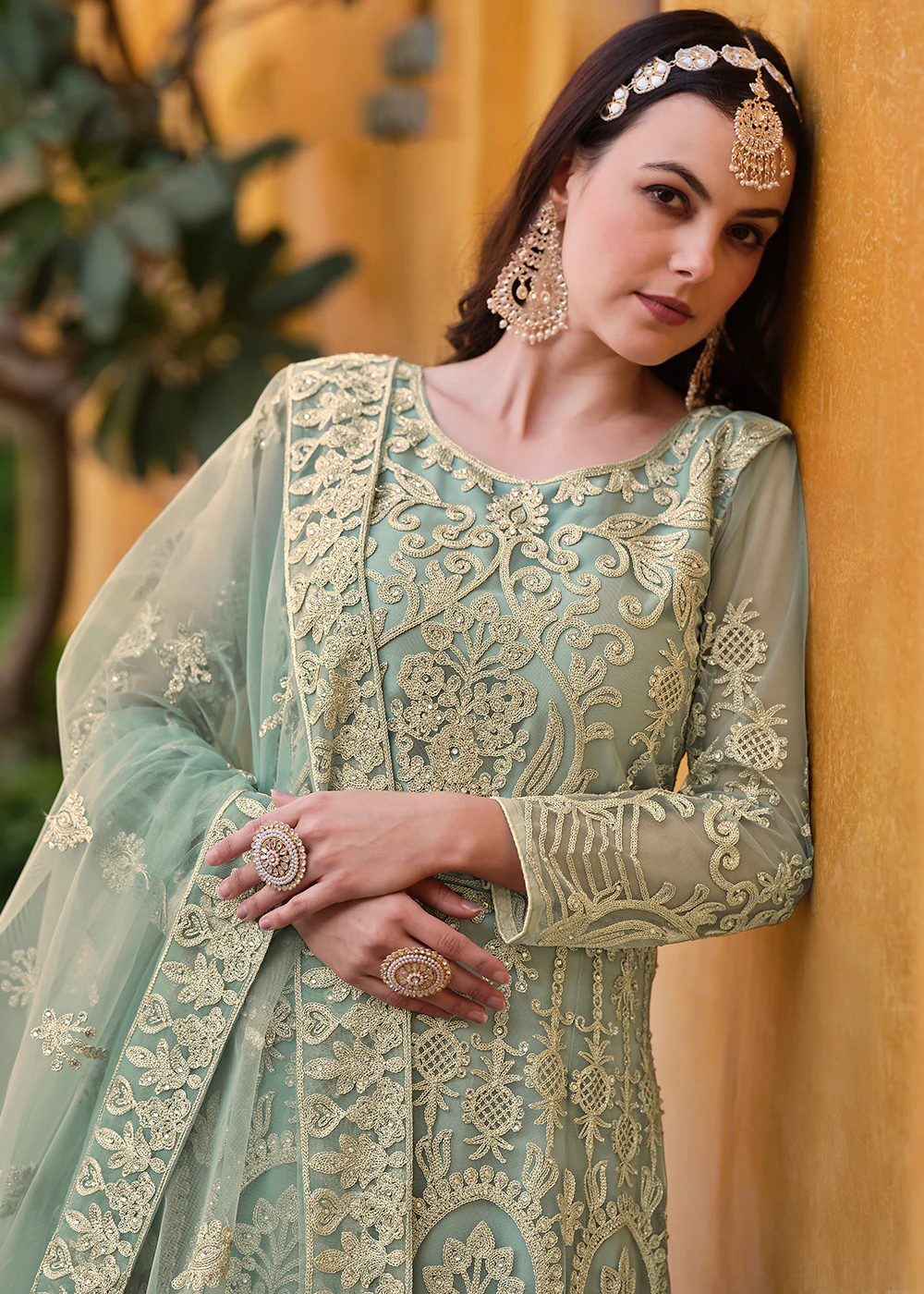 Light Green Pure Butterfly Net Wedding Wear Anarkali Suit - Image 2