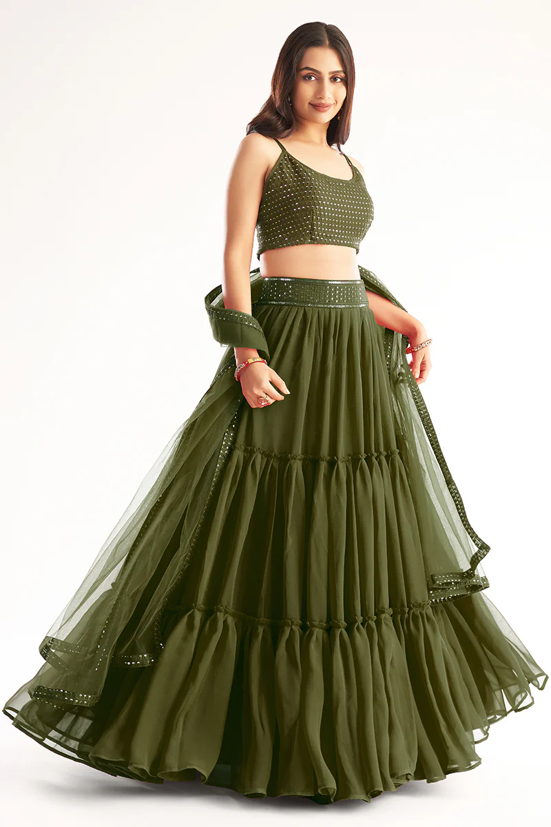 Light Green Ruffle Style Georgette Festive Lehenga Choli