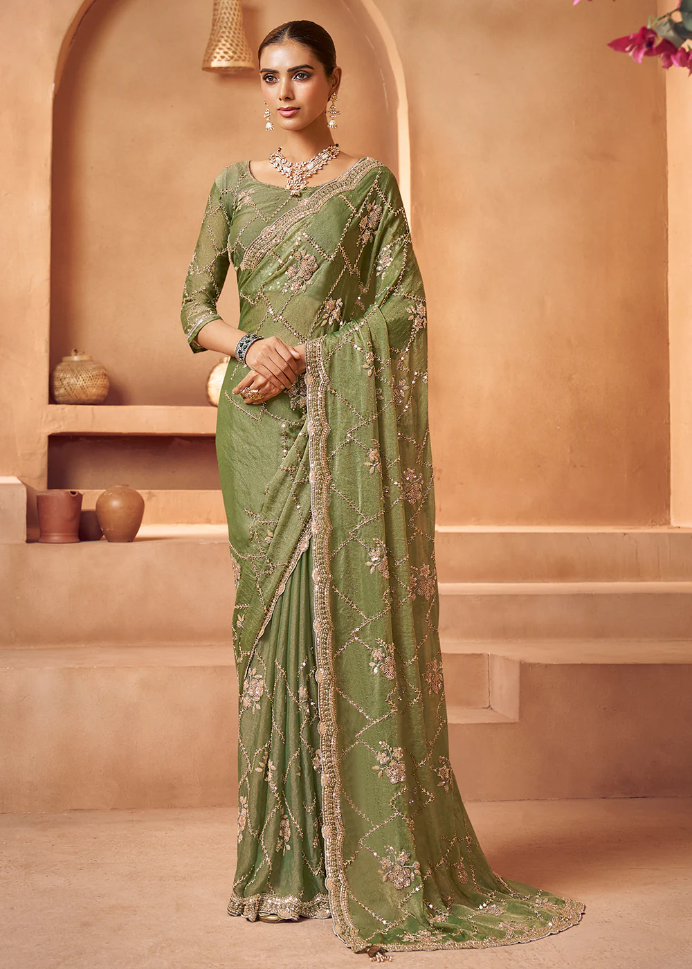 Light Green Tissue Silk Heavy Embroidered Designer Saree