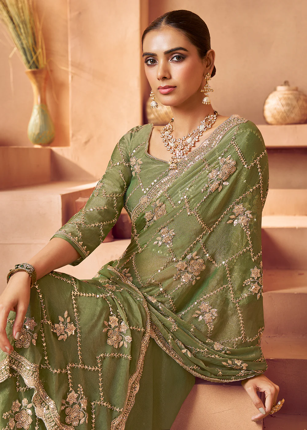 Light Green Tissue Silk Heavy Embroidered Designer Saree - Image 2