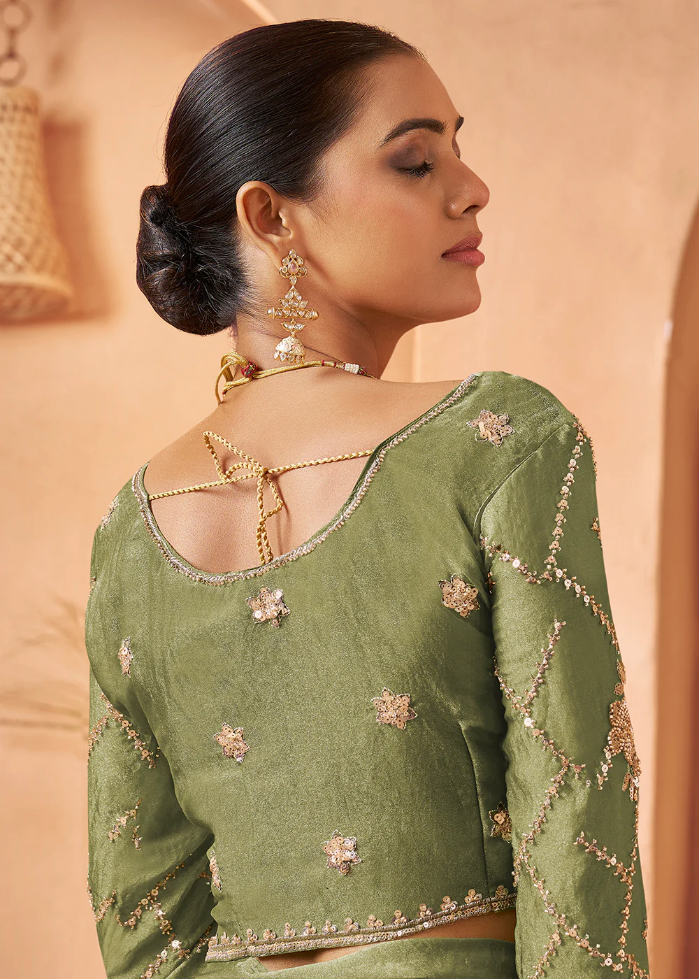 Light Green Tissue Silk Heavy Embroidered Designer Saree - Image 3