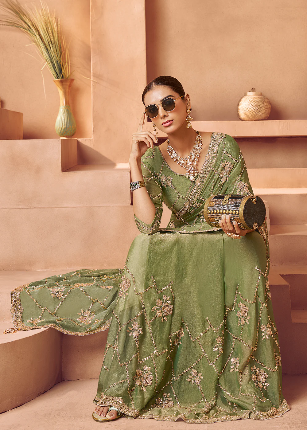 Light Green Tissue Silk Heavy Embroidered Designer Saree - Image 4