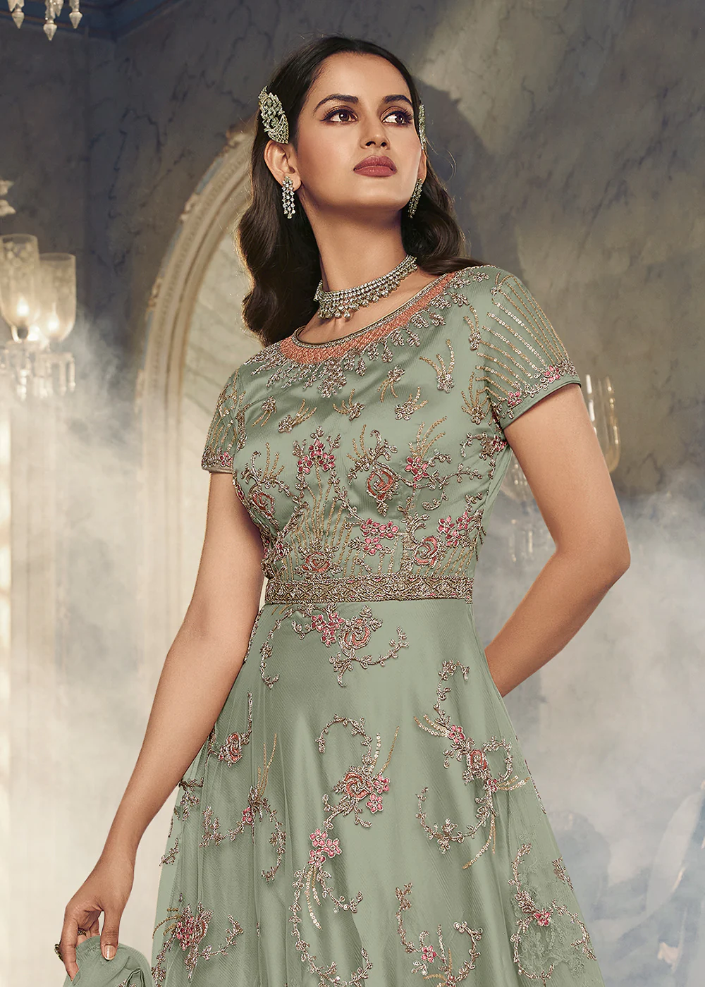 Light Green Wedding Party Net Designer Anarkali Suit - Image 2