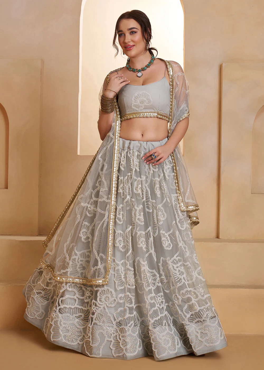 Light Grey Beats Embroidery Designer Lehenga Choli