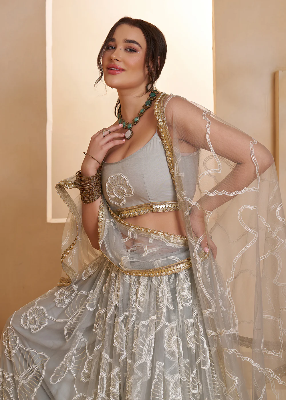 Light Grey Beats Embroidery Designer Lehenga Choli - Image 2