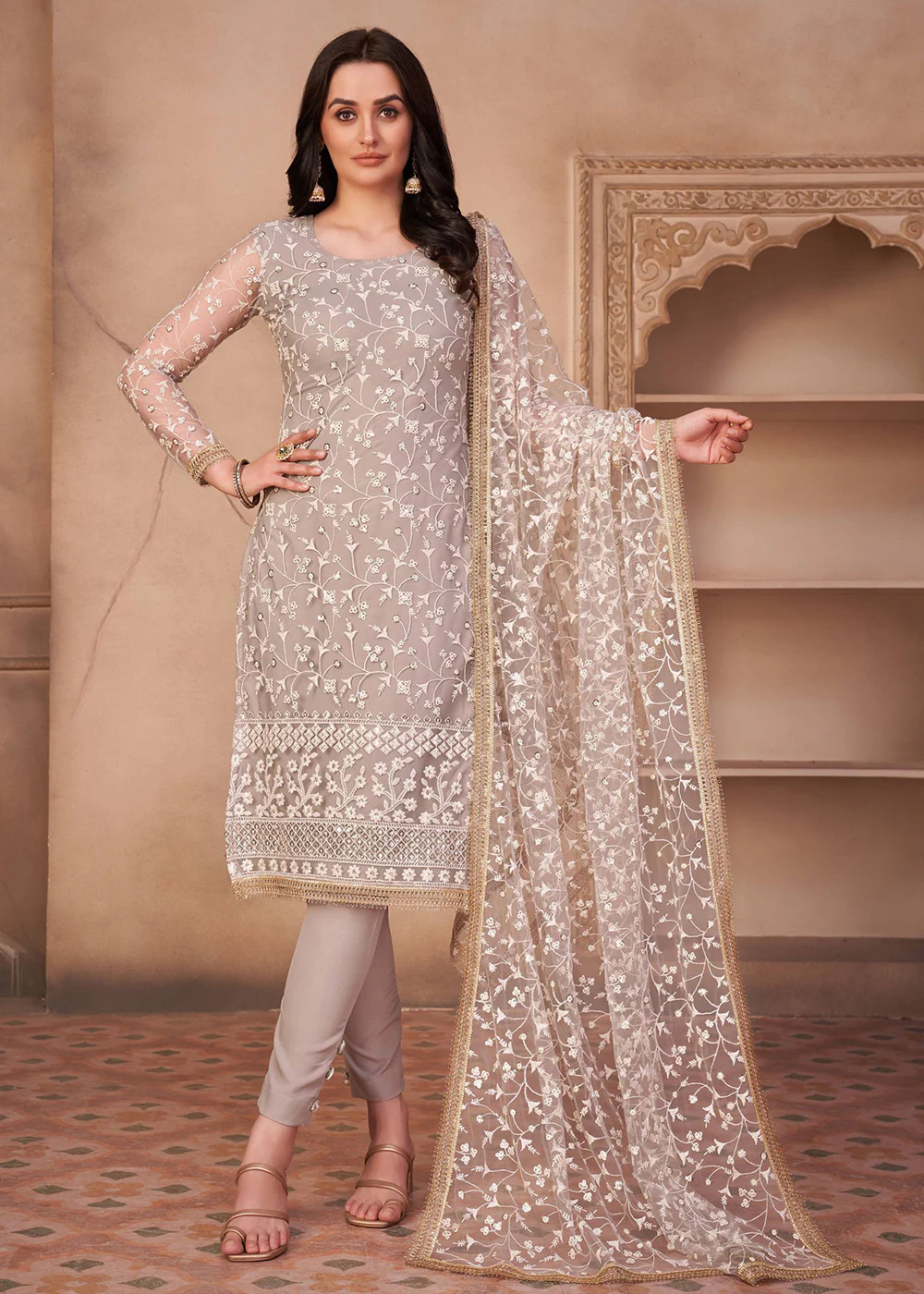 Light Grey Mono Net Festival Wear Pant Suit - Image 3