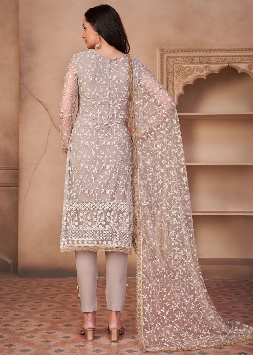 Light Grey Mono Net Festival Wear Pant Suit - Image 4
