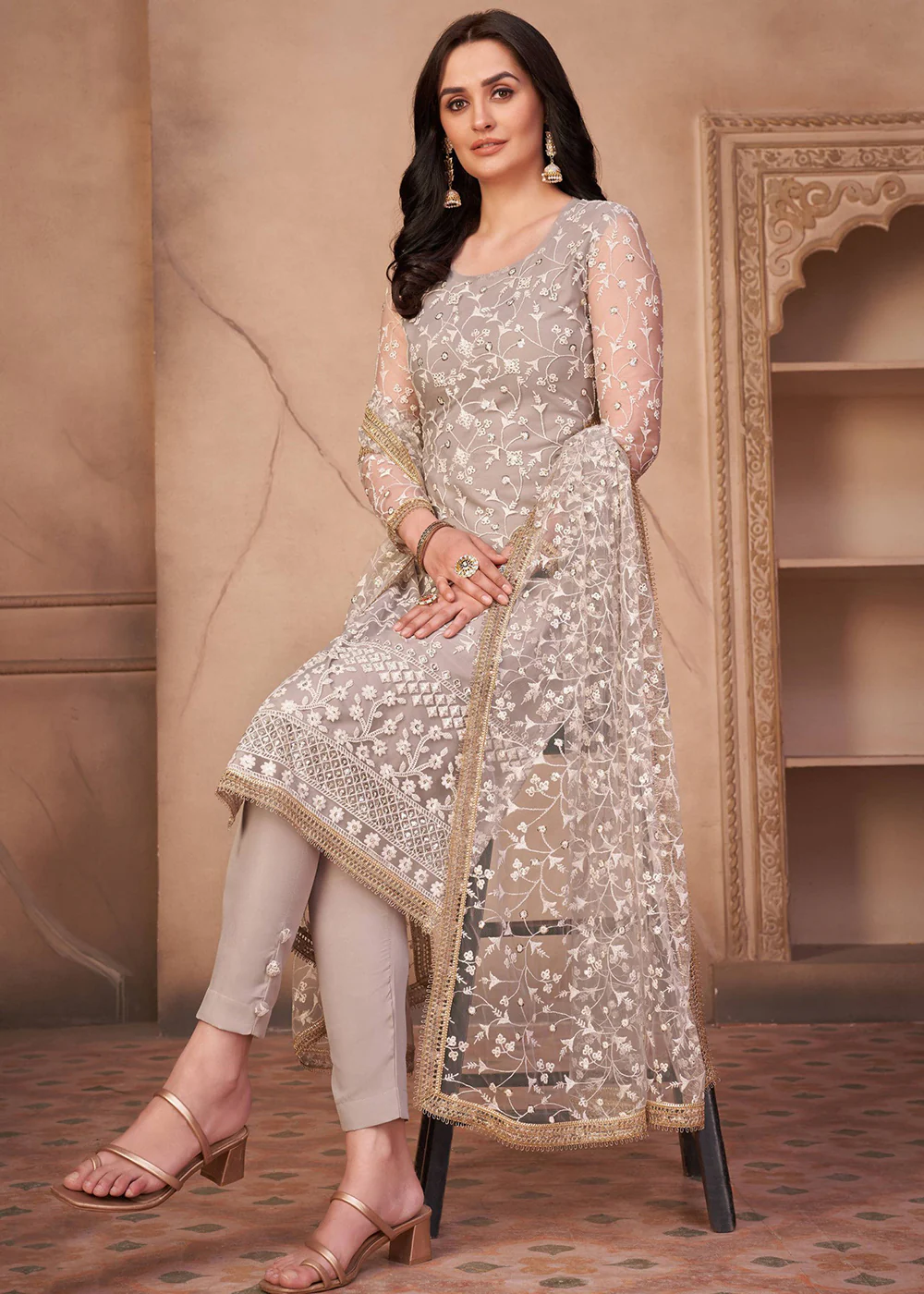 Light Grey Mono Net Festival Wear Pant Suit - Image 5