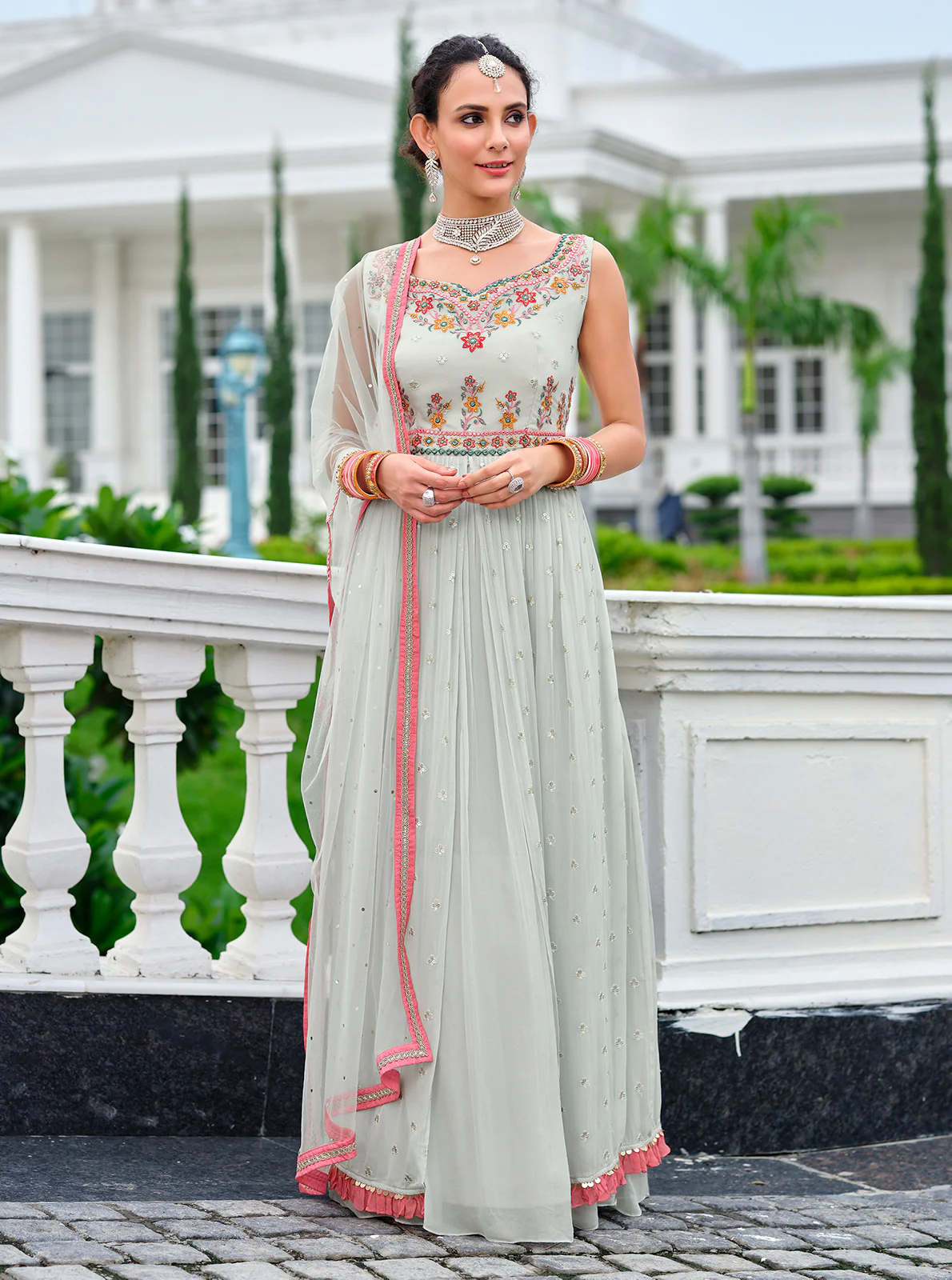 Light Grey Palazzo Style Viscose Georgette Anarkali Suit