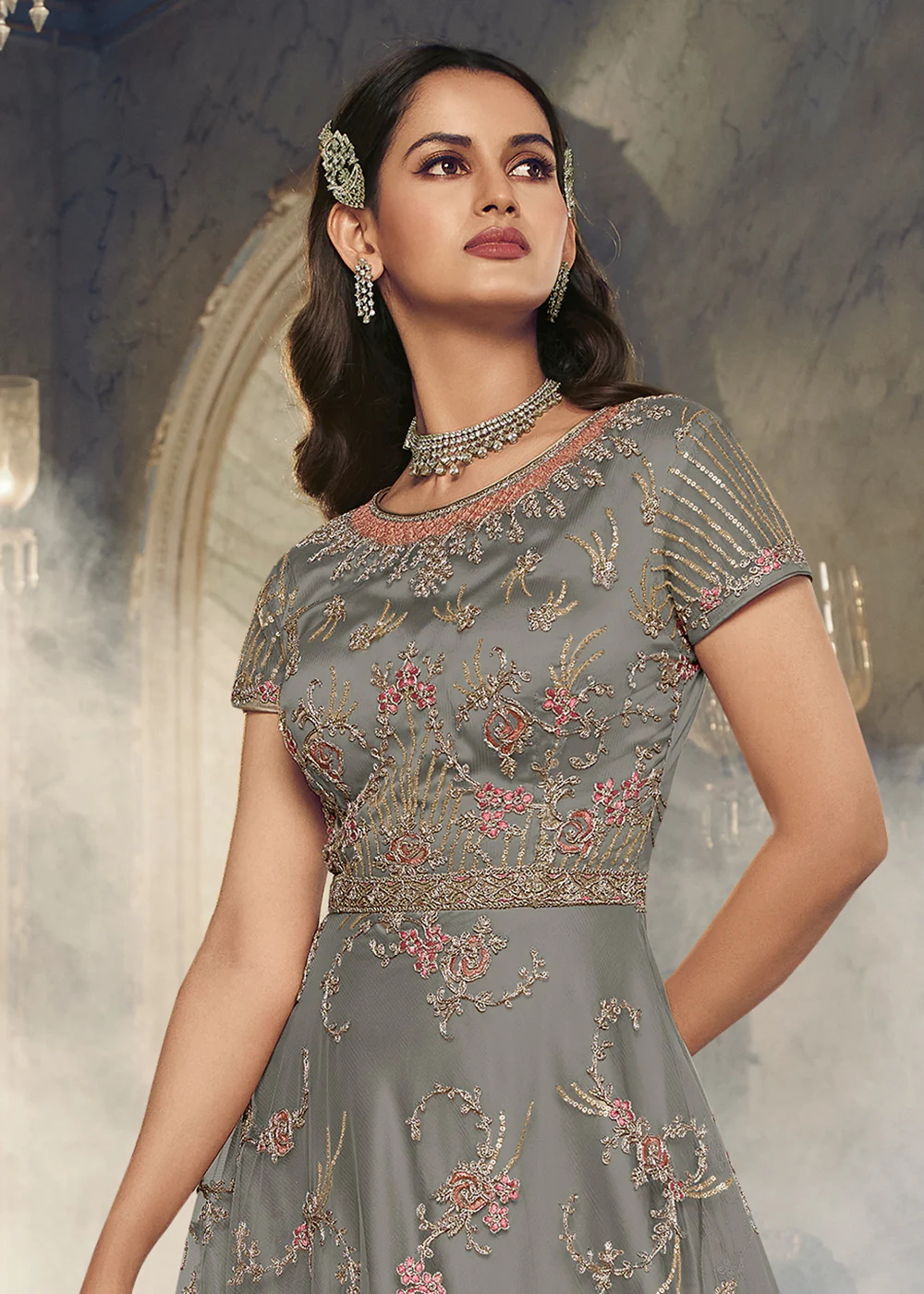 Light Grey Wedding Party Net Designer Anarkali Suit - Image 2