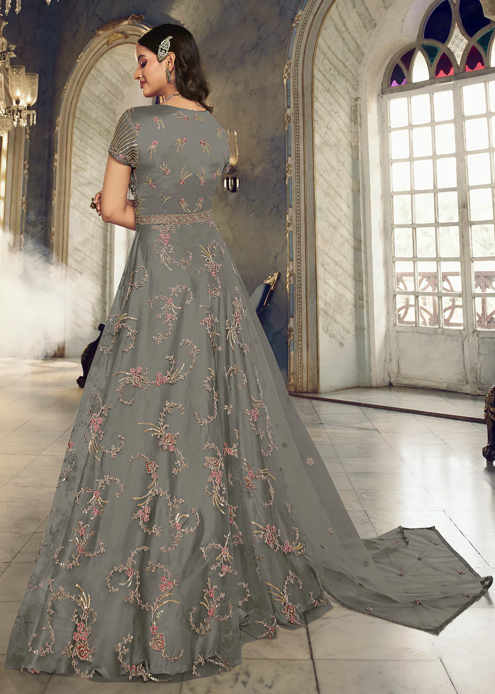 Light Grey Wedding Party Net Designer Anarkali Suit - Image 3